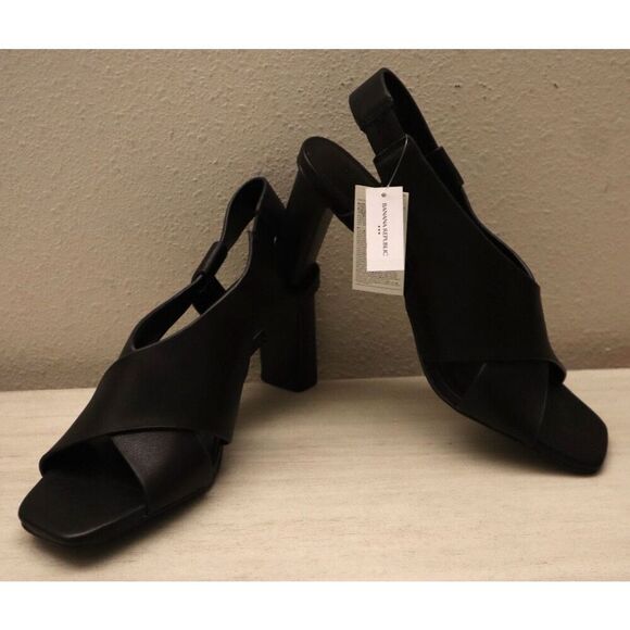 Banana Republic 888144 Women Sz 8.5 Black Leather Crossover Heeled Sandals - Picture 12 of 13